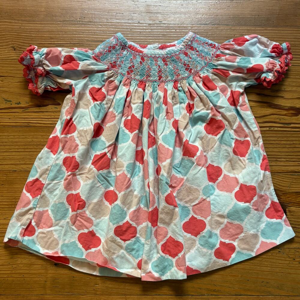 Pink blue cotton geometric smocked short ruffle sleeve girls shirt SIZE 4